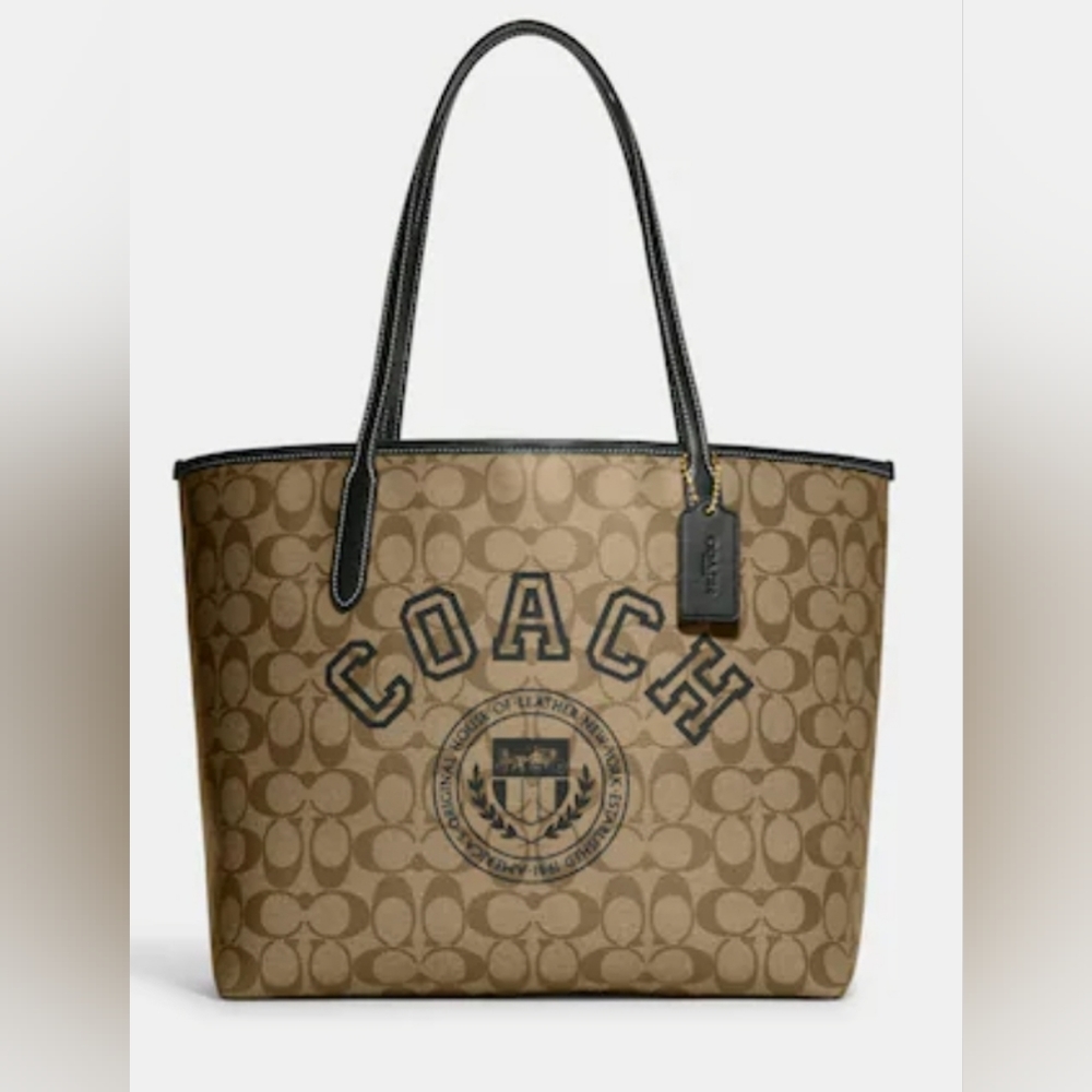 Coach City Tote Signature Canvas Varsity Motif - Gold/Khaki/Amazon Green NWT